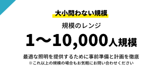 大小問わない規模、規模のレンジ1〜10,000人規模。最適な照明を提供するために事前準備と計画を徹底。※これ以上の規模の場合もお気軽にお問い合わせください。｜川崎市のステージ照明・機材レンタルはライトシップ